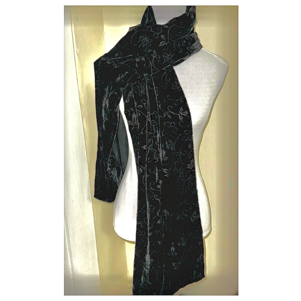 Black Oversized Lined Velvet Floral Burnout Scarf Wrap, 21” x 73”